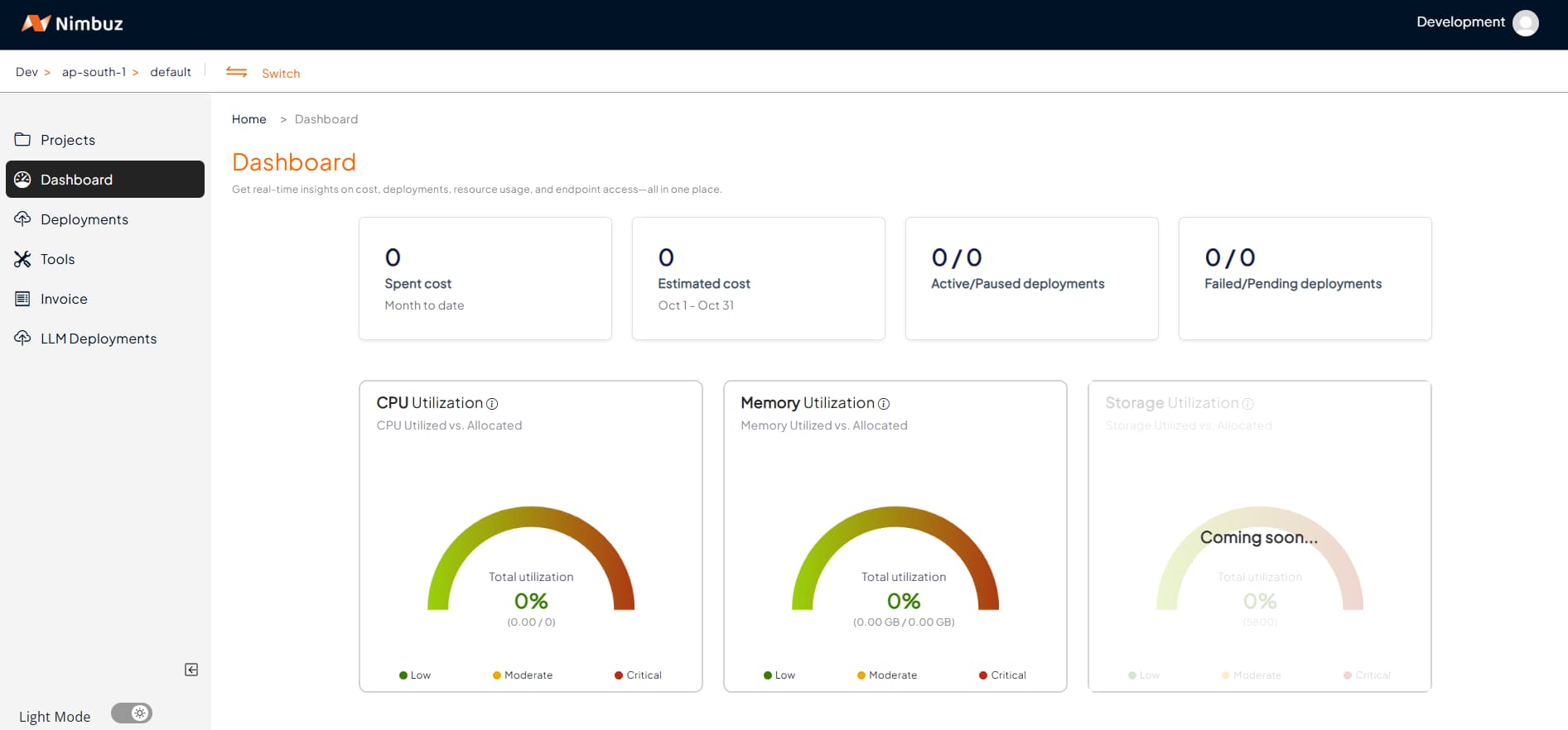 Nimbuz Platform dashboard interface showing deployment management features